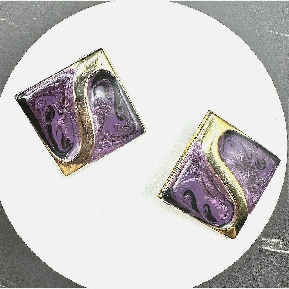 VTG Purple Gold Abstract Enamel Stud Earring Square Retro Art Deco Style Jewelry